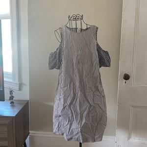 Gray and white striped cold shoulder shift dress